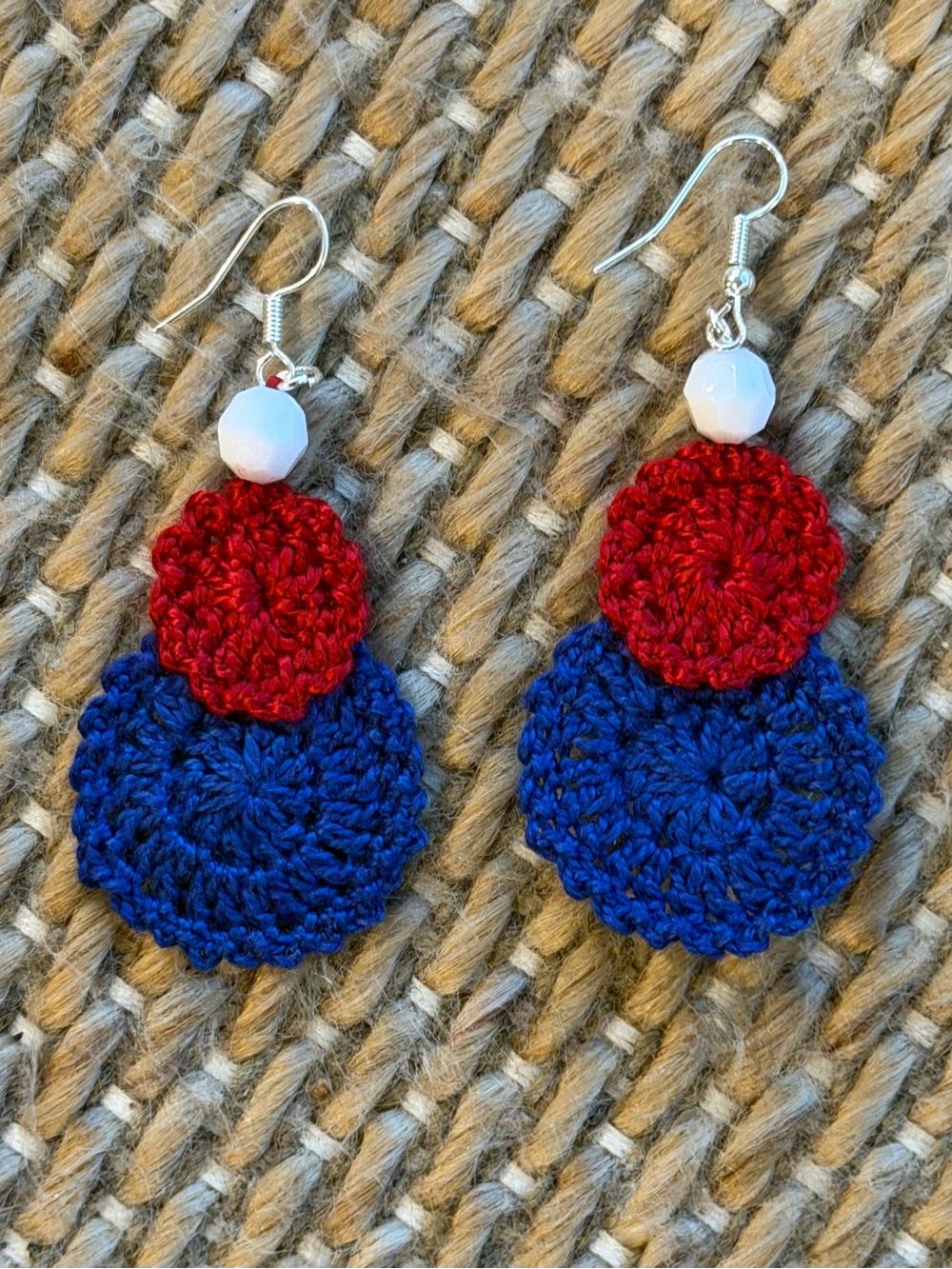 Hand Crafted Red and Blue Crochet Double-Drop Earrings with White Bead
